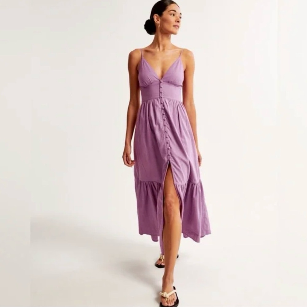 Abercrombie & Fitch linen blend button through Purple V-Neck Maxi dress
